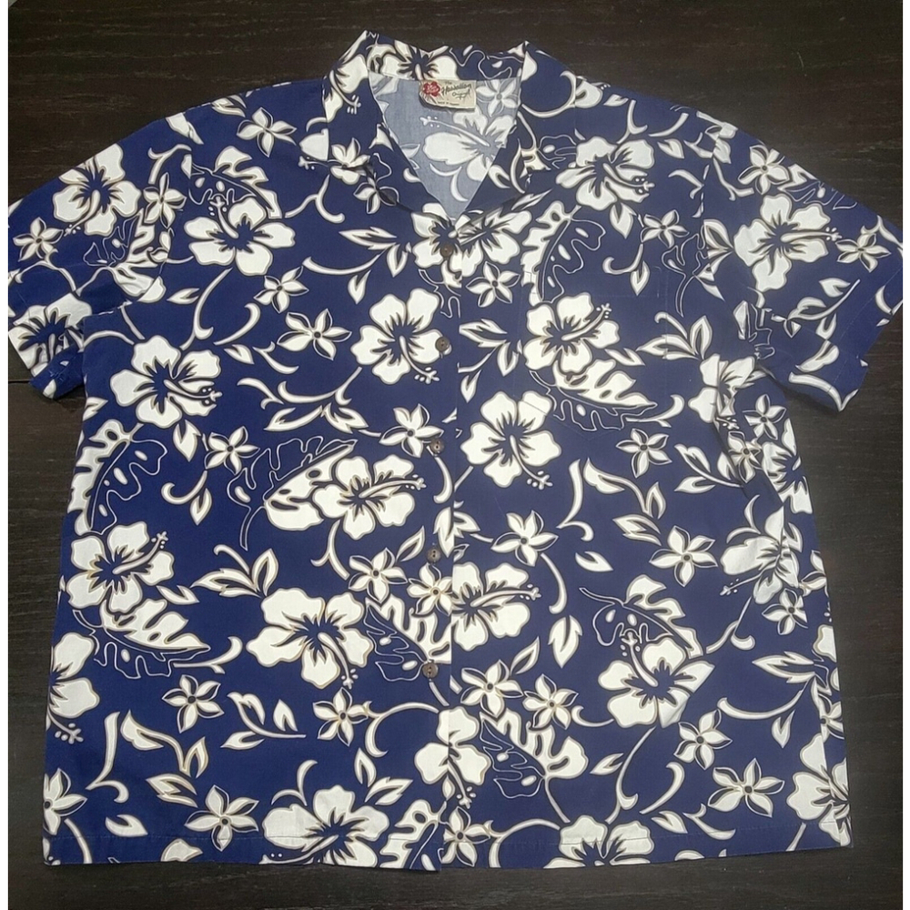 Hilo Hattie Large USA Made Hawaiian Aloha Shirt Blue White Floral 100% Cotton